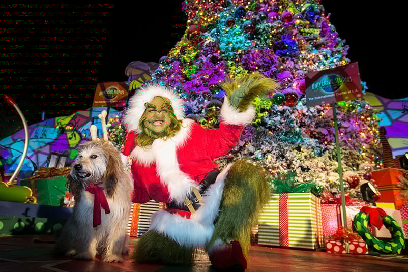 The Grinch and Max in front of the Christmas tree -Universal crowd calendar