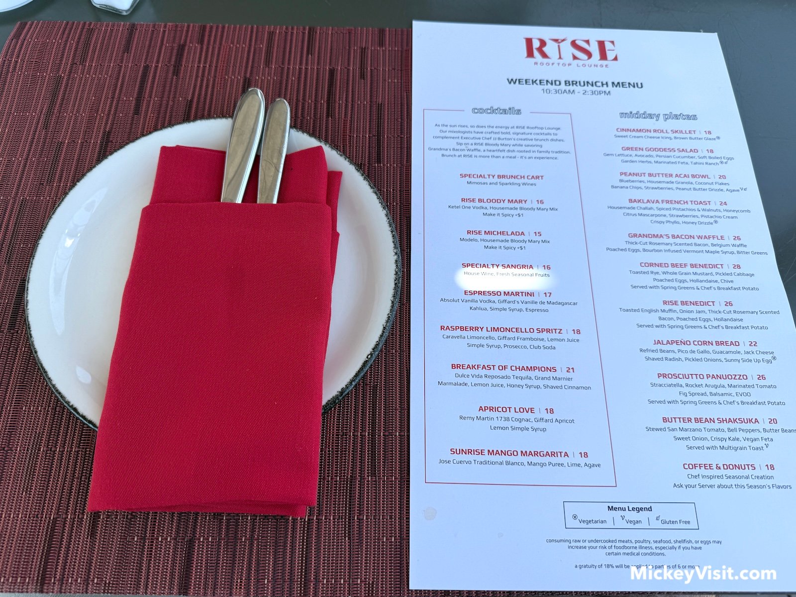 RISE Rooftop Lounge brunch menu and place setting